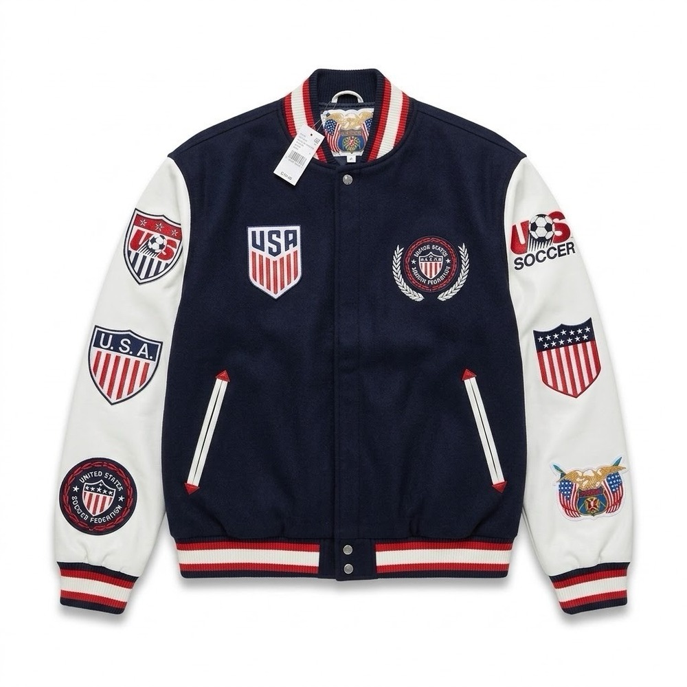 Jeff Hamilton USA Soccer Varsity Bomber Jacket Navy White Faux Leather NWT Sz L